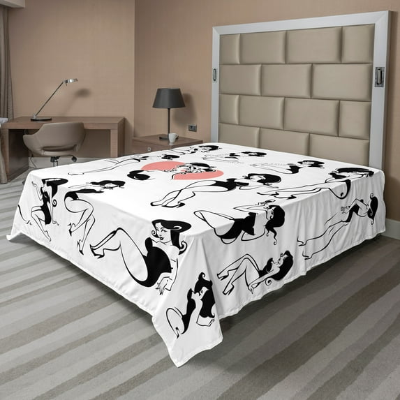 Ambesonne Fashion Flat Sheet, Lady Heart Tattoo Print, California King, White and Black