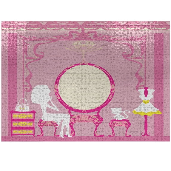 Ambesonne Fashion Jigsaw Puzzle Durable Cardboard, French Lady Cat Mirror, 1000 pcs, Yellow Pink