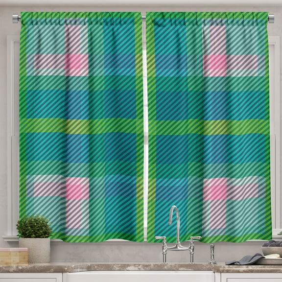 Ambesonne Fashion Kitchen Curtains, Boho Striped Squares Art, 55"x45", Fern Green Dark Seafoam