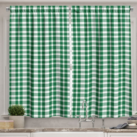 Ambesonne Fashion Kitchen Curtains, Greenish Gingham Plaid Art, 55"x36", Forest Green White