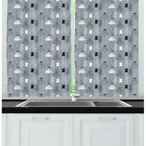 Ambesonne Fashion Kitchen Curtains, Haute Couture Atelier Art, 55"x45", Blue Grey Grey