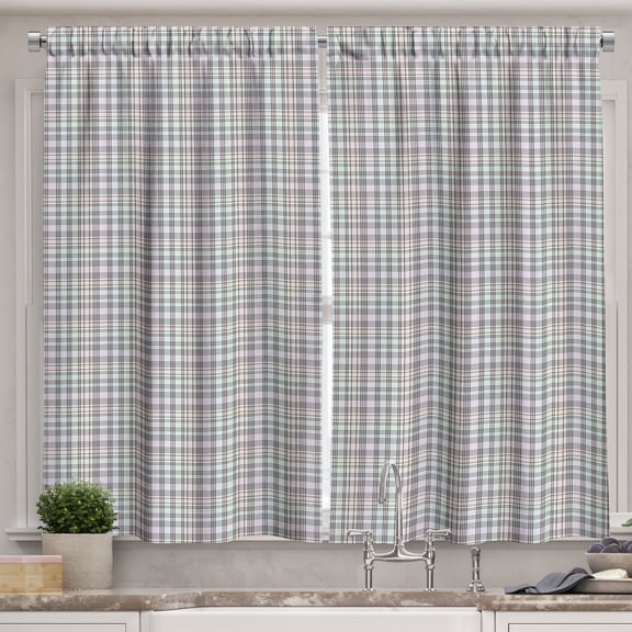 Ambesonne Fashion Kitchen Curtains, Small Plaid Ornament Art, 55"x24", Charcoal Grey Lavender