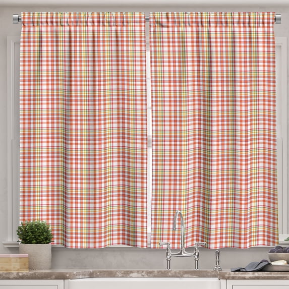 Ambesonne Fashion Kitchen Curtains, Squares with Lines Plaid, 55"x45", Burnt Orange and Yellow