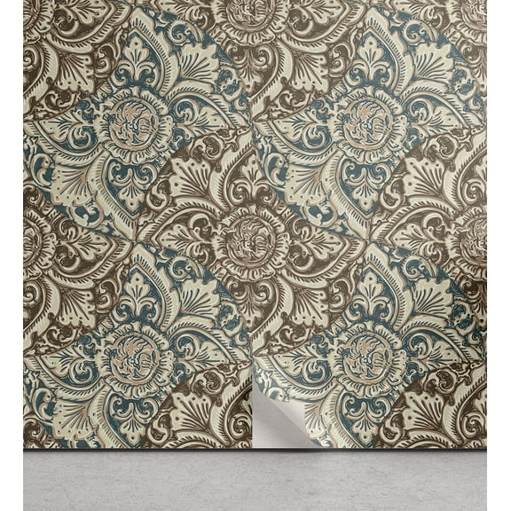 Ambesonne Fashion Peel & Stick Wallpaper for Home, Antique Feeling Flora Art, 13"x72", Grey Teal Umber and Taupe