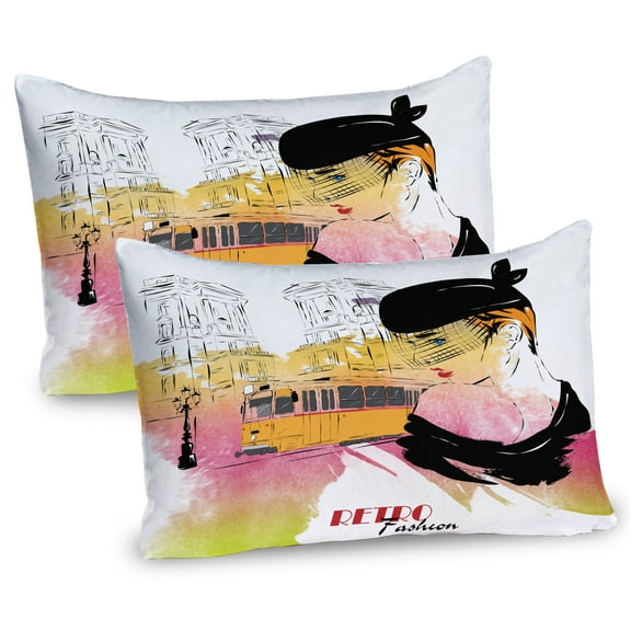 Ambesonne Fashion Pillow Sham 2 Pack, Retro Lady Sketch Art, 26"x20", Orange Black Pink