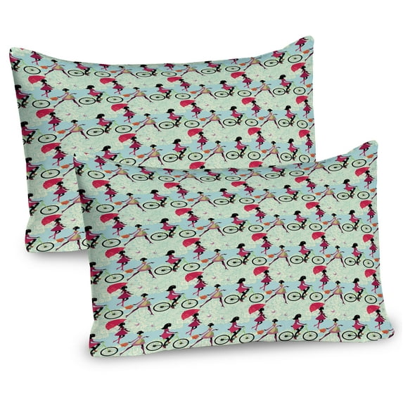 Ambesonne Fashion Pillow Sham 2 Pack, Shopping Biking Style Art, 26"x20", Pale Maroon Cream