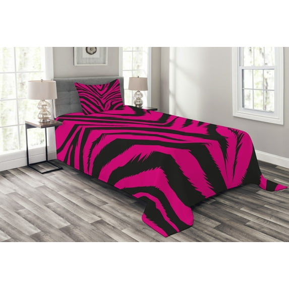 Ambesonne Fashion Quilted Bedspread Set 2 Pcs, Modern Tiger Skin Pattern, Twin Size, Magenta Black