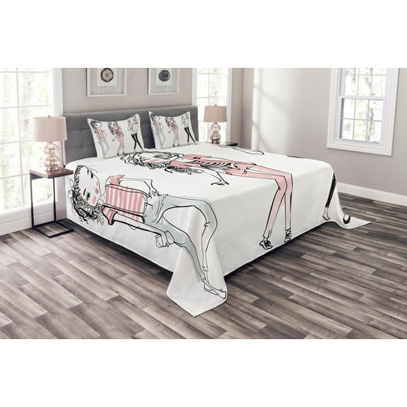 Ambesonne Fashion Quilted Bedspread Set 3 Pcs, Cartoon Teenagers, King Size, Pale Pink White Black