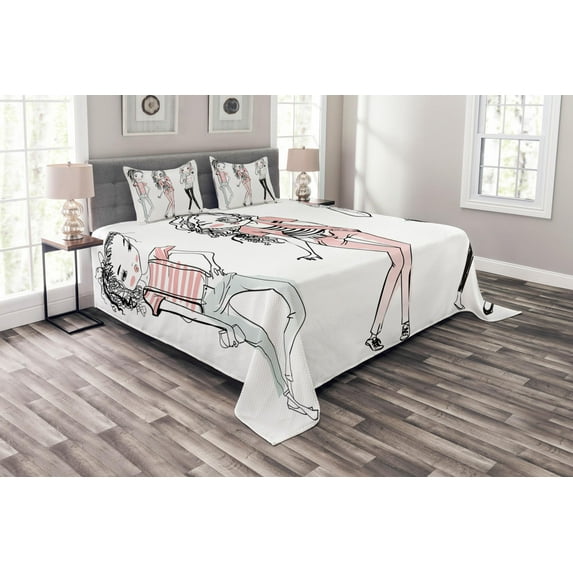 Ambesonne Fashion Quilted Bedspread Set 3 Pcs, Cartoon Teenagers, King Size, Pale Pink White Black