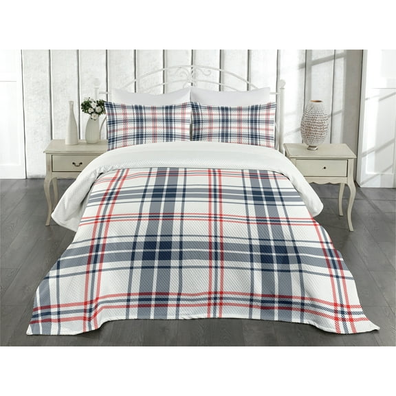 Ambesonne Fashion Quilted Bedspread Set 3 Pcs, English Tartan Motif, King Size, Violet Blue Orange White