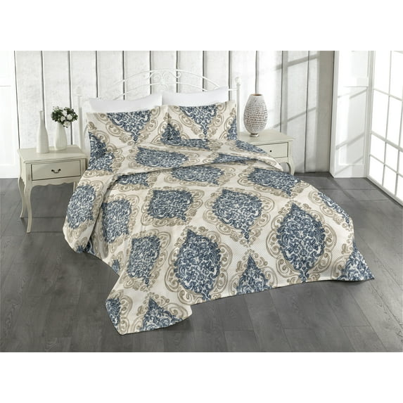 Ambesonne Fashion Quilted Bedspread Set 3 Pcs, Floral Geometric Motifs Art, Queen, Purpleblue and Dark Tan