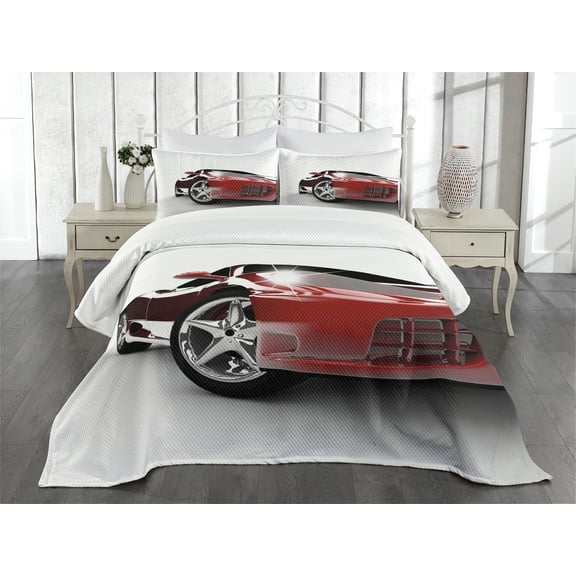 Ambesonne Fashion Quilted Bedspread Set 3 Pcs, Modern Sports Car Artwork, King Size, Black and Ruby