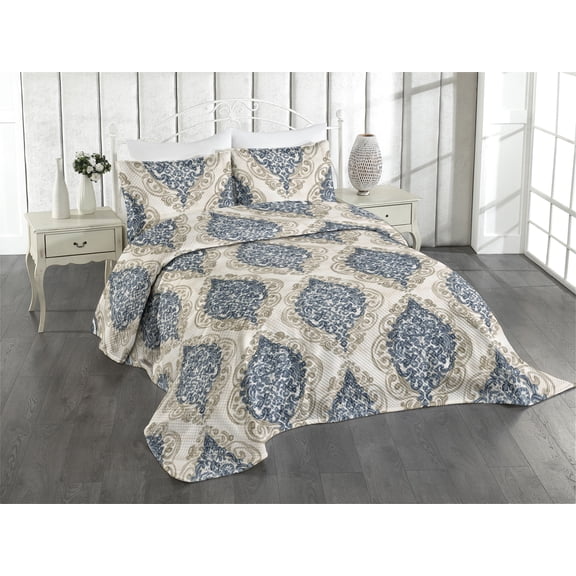 Ambesonne Fashion Quilted Coverlet 2 Pcs, Floral Geometric Motifs Art, Twin Size, Purpleblue and Dark Tan