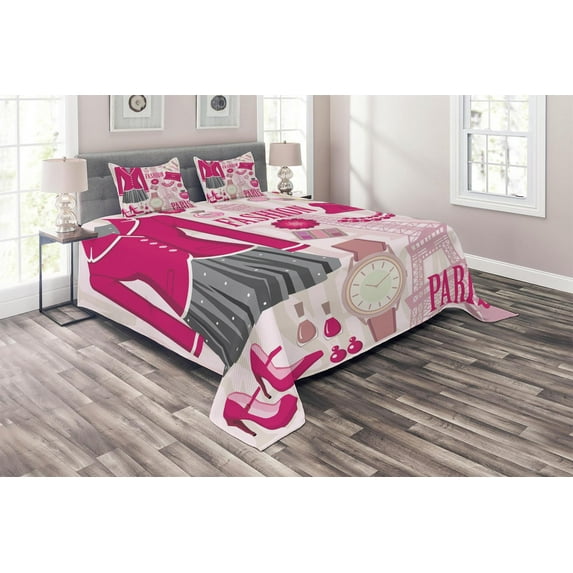 Ambesonne Fashion Quilted Coverlet 3 Pcs, Fashion in Paris Dresses, Queen Size, Beige Pink