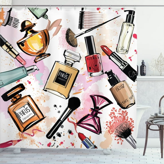 Ambesonne Fashion Shower Curtain, Cosmetics Make up Theme, 69"Wx75"L, Multicolor