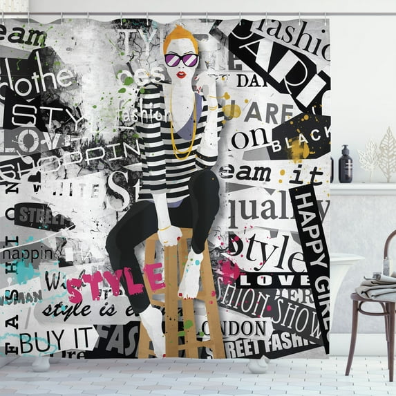 Ambesonne Fashion Shower Curtain, Fashion Girl Grunge, 69"Wx75"L, White and Black