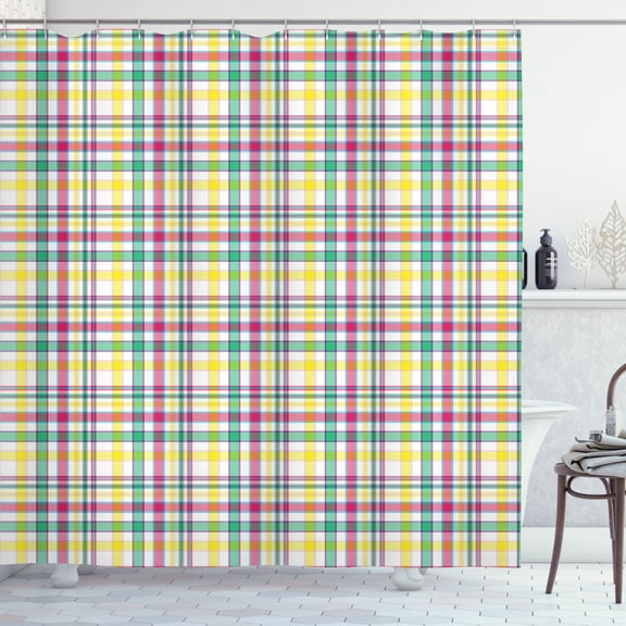 Ambesonne Fashion Shower Curtain, Minimalist Plaid Ornament, 69"Wx70"L, Yellow Sea Green and Blush