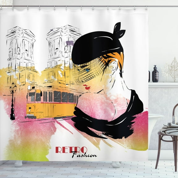 Ambesonne Fashion Shower Curtain, Retro Lady Sketch Art, 69"Wx84"L, Orange Black Pink