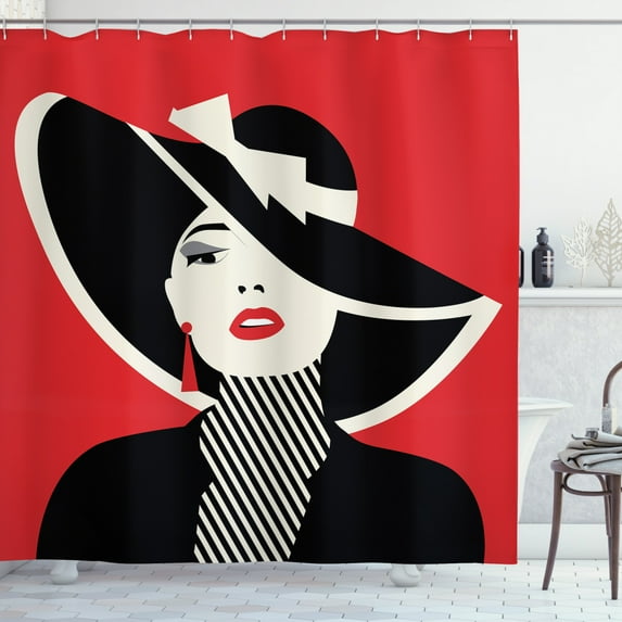 Ambesonne Fashion Shower Curtain, Women with Vintage Hat, 69"Wx75"L, Black Red