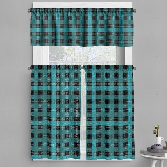 Ambesonne Fashion Valance & Curtain, Squares Dashes Ornament, 55"x24", Dark Turquoise Teal and Grey