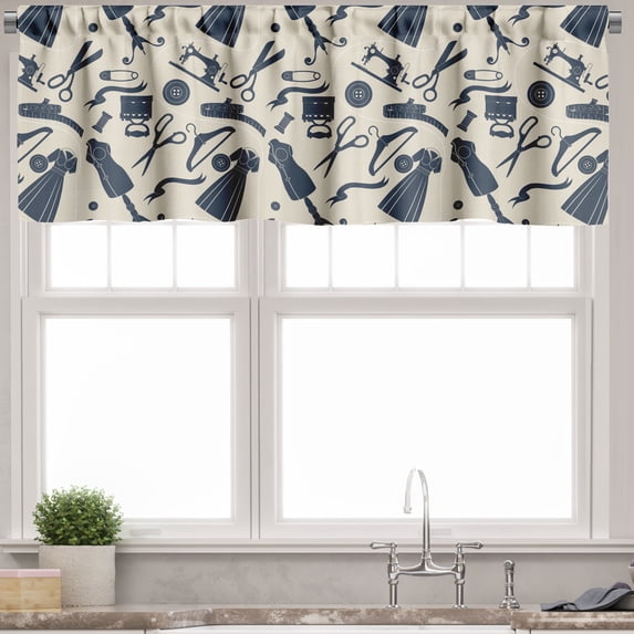 Ambesonne Fashion Valance Pack of 2, Sewing Atelier Silhouette, 54"X18", Beige Dark Violet Blue