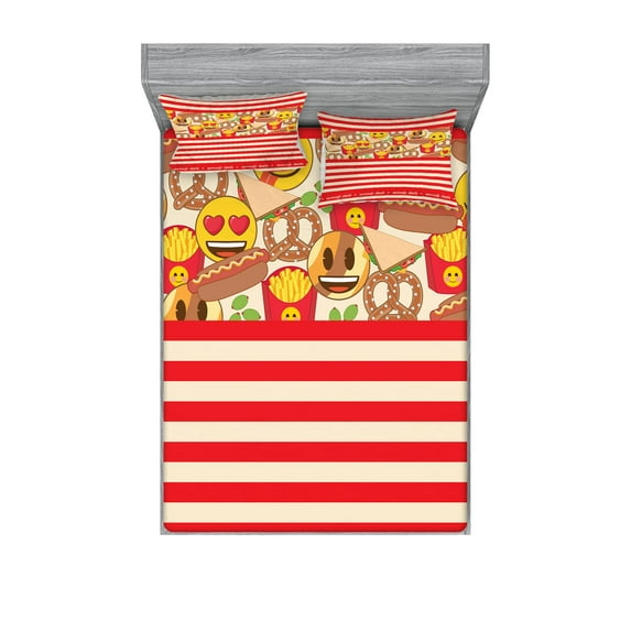 Ambesonne Fast Food Emoji Fitted Sheet & Pillow Sham Set, Hotdog Sandwich, Calking, Dark Pink Champagne