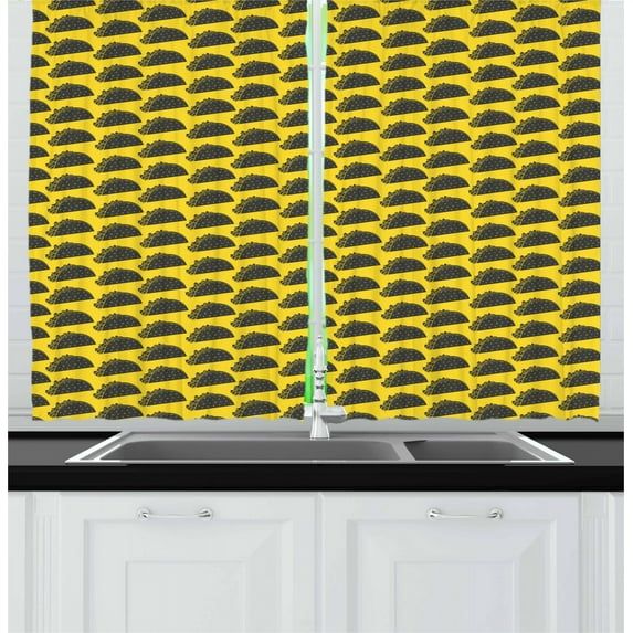 Ambesonne Fast Food Kitchen Curtains, Mexican Taco Rolls Beef, 55"x45", Dark Blue Grey Yellow
