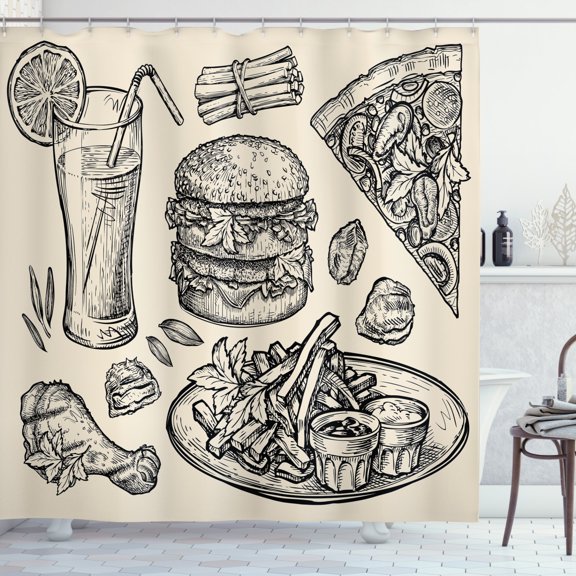 Ambesonne Fast Food Shower Curtain, Pizza Burger Lemonade, 69"Wx75"L, Beige and Black