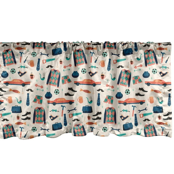 Ambesonne Father's Day Window Valance, Concept of Things Symbolizing Dads Men Sweaters Fishing, Curtain Valance for Kitchen Bedroom Decor with Rod Pocket, 54" X 12", Champagne Teal