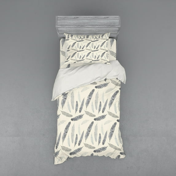 Ambesonne Feather Bedding Set 3 Pcs, Composition of Quills, Twin, Pale Grey and Beige
