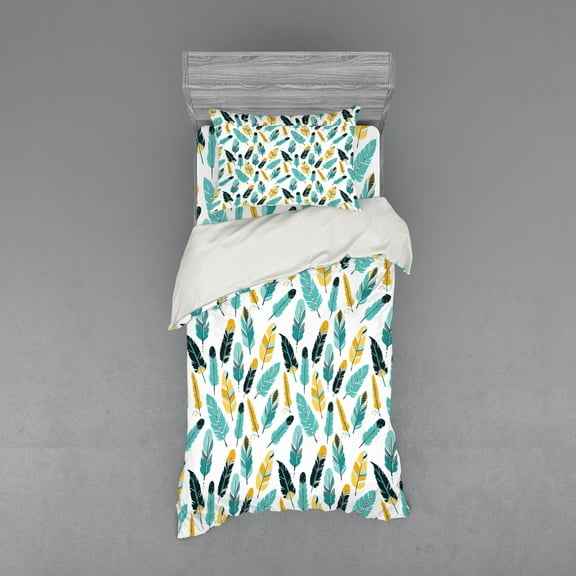 Ambesonne Feather Bedding Set 3 Pcs, Doodle Composition, Twin XL, Dark Blue Mustard