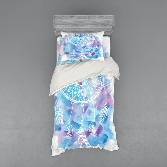 Ambesonne Feather Bedding Set 3 Pcs, Dream Catcher Tribal, Twin, Pale Blue Lilac White
