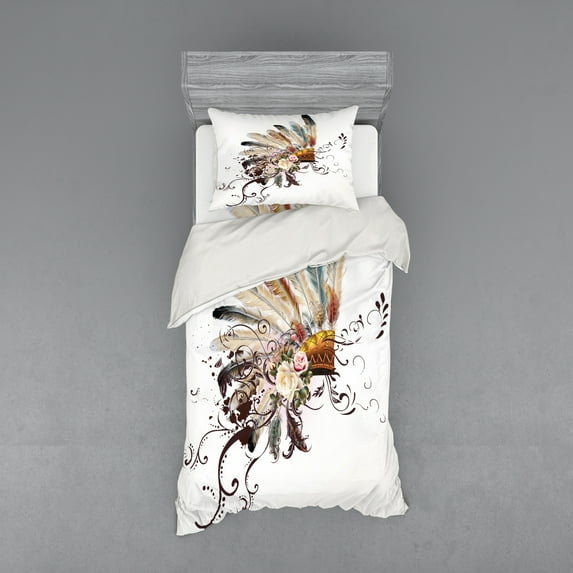 Ambesonne Feather Bedding Set 3 Pcs, Head Wear Flowers, Twin, Multicolor