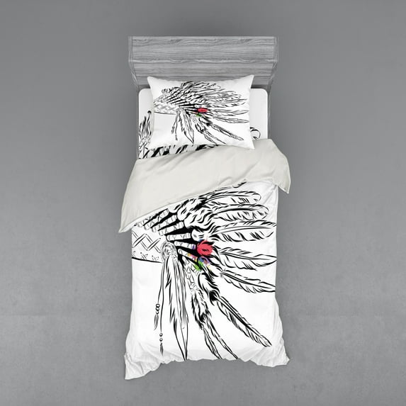 Ambesonne Feather Bedding Set 3 Pcs, Headdress Sketch Design, Twin XL, Black White Multicolor