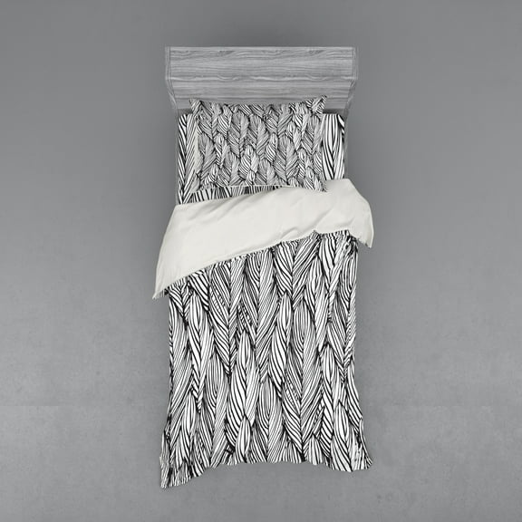 Ambesonne Feather Bedding Set 3 Pcs, Monochrome Outline, Twin, Charcoal Grey White