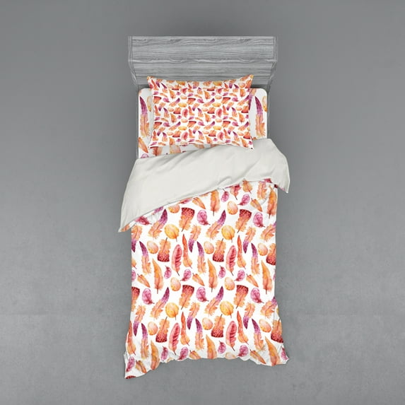 Ambesonne Feather Bedding Set 3 Pcs, Quills with Brush Marks, Twin, Orange Beige Purple