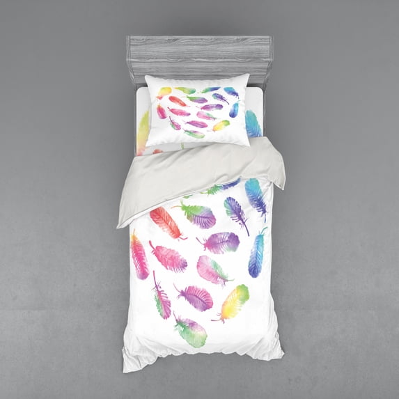 Ambesonne Feather Bedding Set 3 Pcs, Romantic Plumage Design, Twin, Multicolor