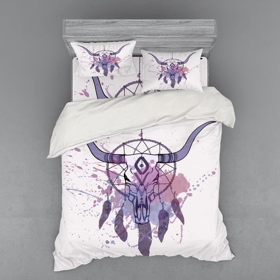 Ambesonne Feather Bedding Set 4 Pcs, Dreamcatcher in Watercolor, Queen, Lavender Black Grey