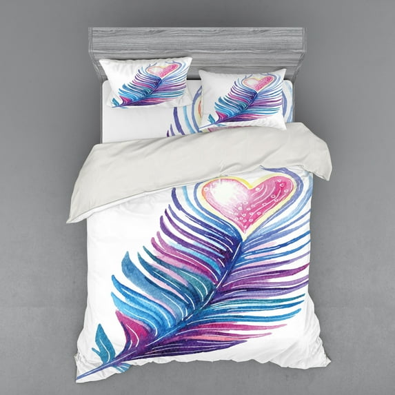 Ambesonne Feather Bedding Set 4 Pcs, Feathers Vibrant, Queen, Purple Pink Blue