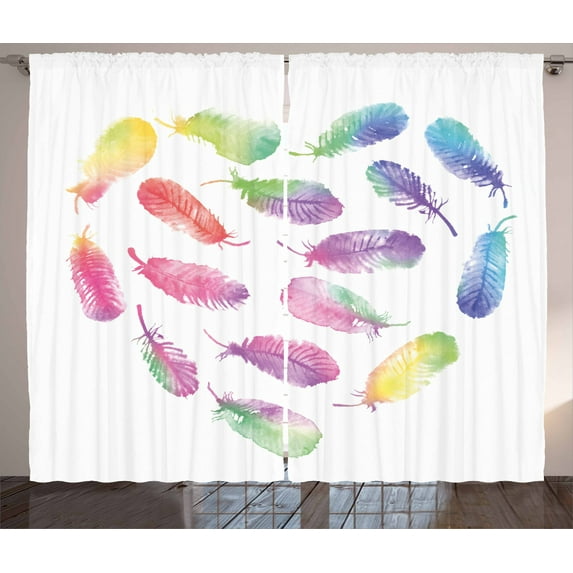 Ambesonne Feather Curtains 2 Panel Set, Romantic Plumage Design, 108" x 90", Multicolor