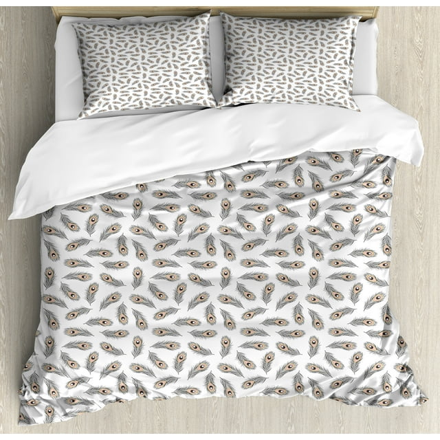 Ambesonne Feather Duvet Cover Set, Scattered Peacock Feathers, 2-Calking, Sand Brown Grey