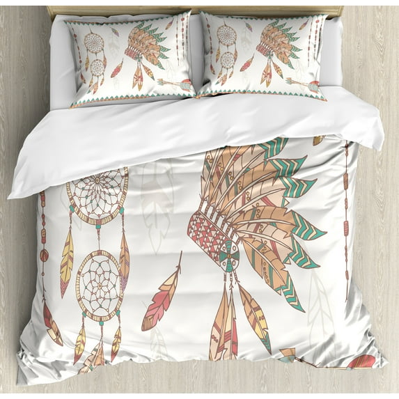 Ambesonne Feather Duvet Cover Set, Tribal Chief Headdress, 2-Calking, Dark Coral Sand Brown