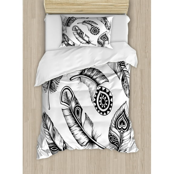 Ambesonne Feather Duvet Cover Sets, Prehistoric Tribal Geometric, 2-Twin, White and Black