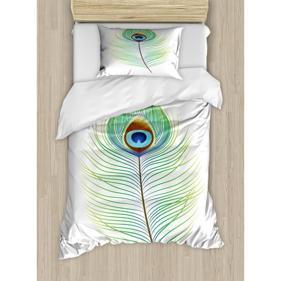 Ambesonne Feather Duvet Cover Sets, Single Retro Plume Peacock, 2-Twin, Fern Green Multicolor
