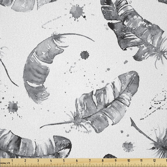 Ambesonne Feather Fabric by the Yard Microfiber, Native Style Quills Grunge, 5 Yards, Dark Grey and White