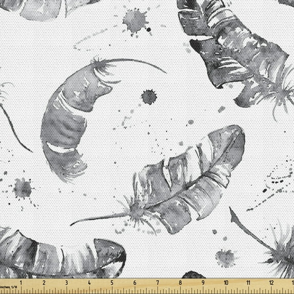 Ambesonne Feather Fabric by the Yard Upholstery, Native Style Quills Grunge, 3 Yards, Dark Grey and White