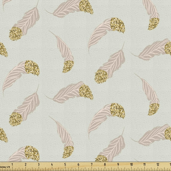 Ambesonne Feather Fabric by the Yard Upholstery, Pastel Ornamented Plumage, 3 Yards, Blush Coconut Mustard