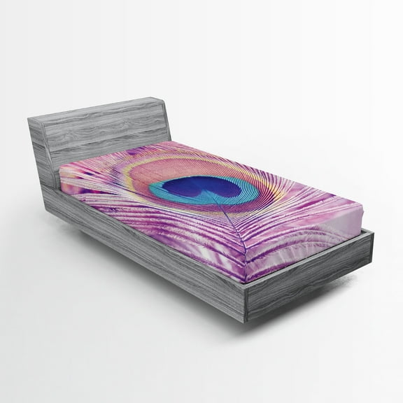 Ambesonne Feather Fitted Sheet, Close up Peacock Plume, Twin XL Size, Multicolor