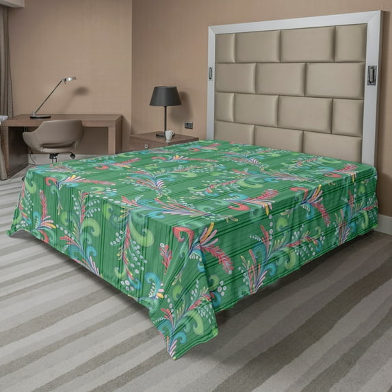 Ambesonne Feather Flat Sheet, Abstract Bird Feather Art, Queen Size, Laurel Green Multicolor
