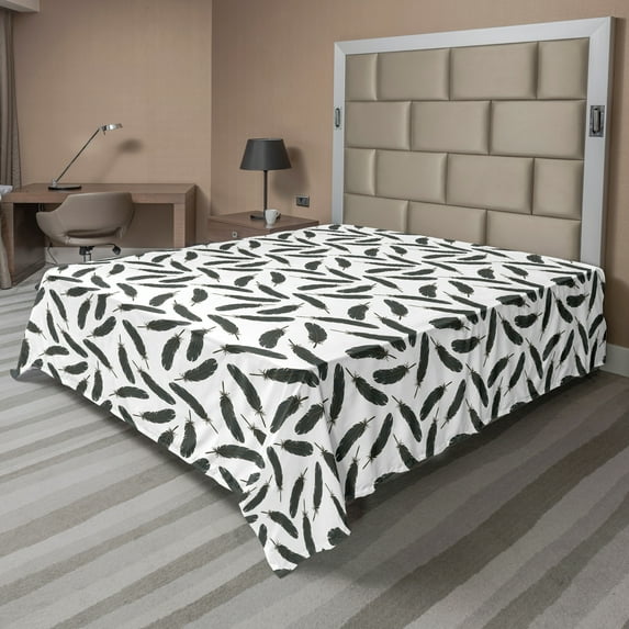 Ambesonne Feather Flat Sheet, Delicate Repetitive Plumage, Queen Size, Grey Teal and White